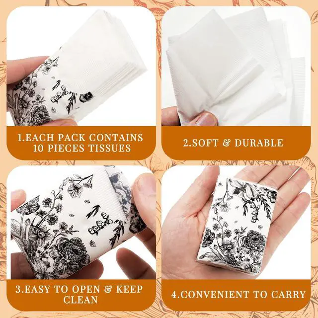 Alt view image 5 of 7 - 50 Bulk Travel Tissue Packs Funeral Tissues Memorial Facial Tissues Funeral Facial Tissue Pack for Guests 3 Ply Black Floral Pocket Size Memorial Favors Travel Size for Family Friends