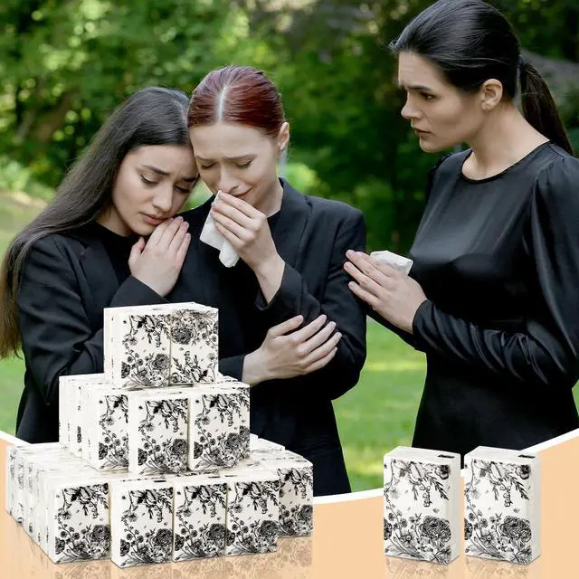 Alt view image 3 of 7 - 50 Bulk Travel Tissue Packs Funeral Tissues Memorial Facial Tissues Funeral Facial Tissue Pack for Guests 3 Ply Black Floral Pocket Size Memorial Favors Travel Size for Family Friends