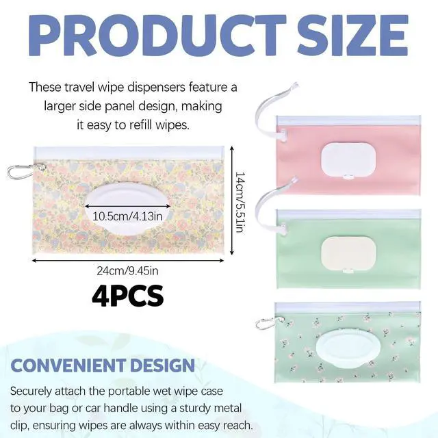 Alt view image 2 of 7 - 4 Pieces Portable Wipes Dispenser with Hook & Lanyard, EVA Reusable Wipes Container Pouch, Refillable Wet Tissue Case for Car Travel Outdoor Outing Camping Hiking Shopping (4 Styles)