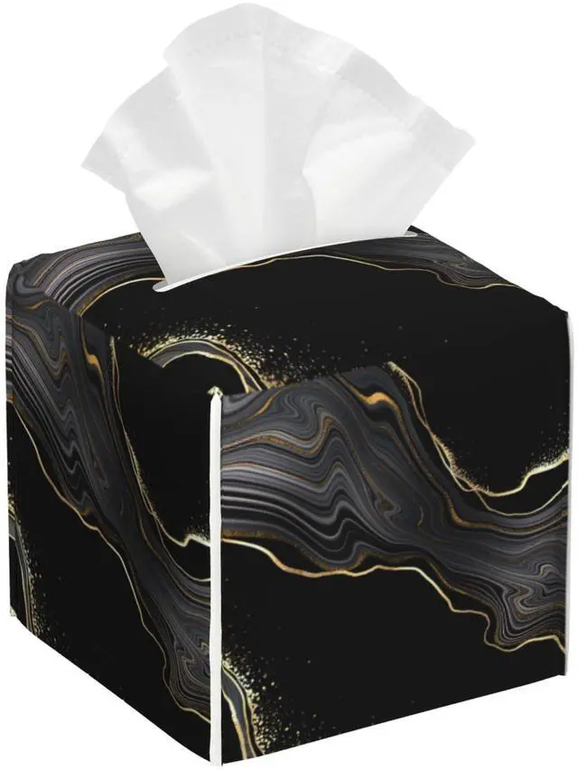 Main image of Black Gold Marble Tissue Box Cover Square, Abstract Marble Texture Tissue Box Holder Waterproof Leather Facial Paper Organizer Dispenser for Bathroom Home Car Nightstand Vanity Desk