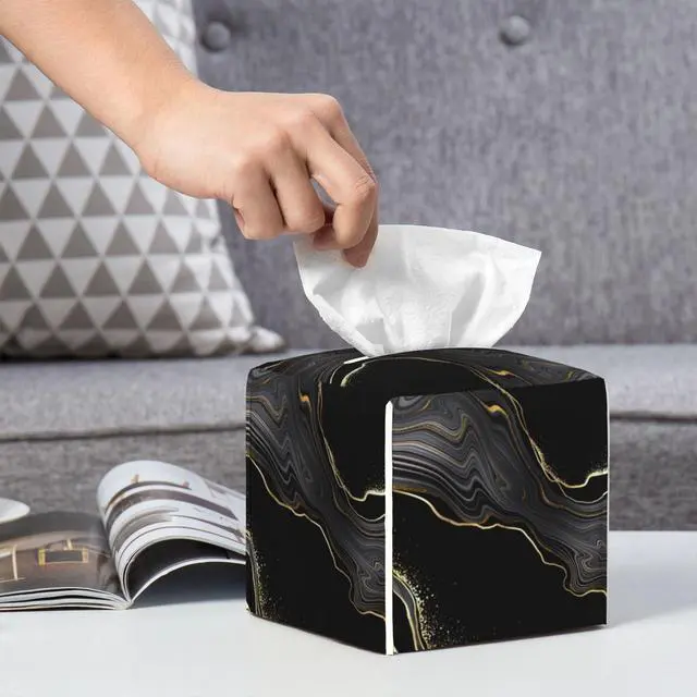Alt view image 6 of 7 - Black Gold Marble Tissue Box Cover Square, Abstract Marble Texture Tissue Box Holder Waterproof Leather Facial Paper Organizer Dispenser for Bathroom Home Car Nightstand Vanity Desk
