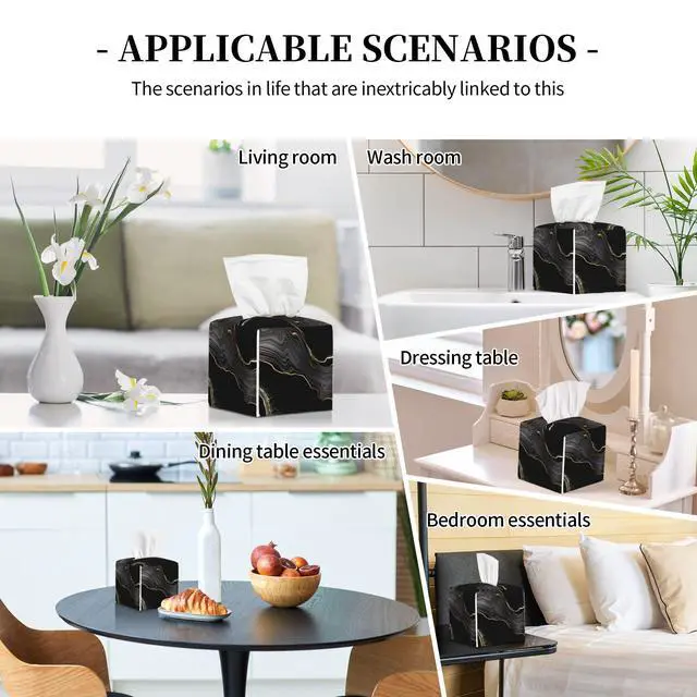 Alt view image 7 of 7 - Black Gold Marble Tissue Box Cover Square, Abstract Marble Texture Tissue Box Holder Waterproof Leather Facial Paper Organizer Dispenser for Bathroom Home Car Nightstand Vanity Desk