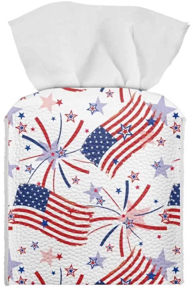 Main image of USA Flag Firework Tissue Box Holder Portable Lightweight Square Tissue Box Cover Holder with Metal Button Waterproof Napkin Case