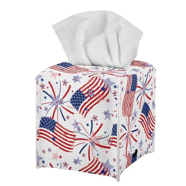 Alt view image 2 of 7 - USA Flag Firework Tissue Box Holder Portable Lightweight Square Tissue Box Cover Holder with Metal Button Waterproof Napkin Case