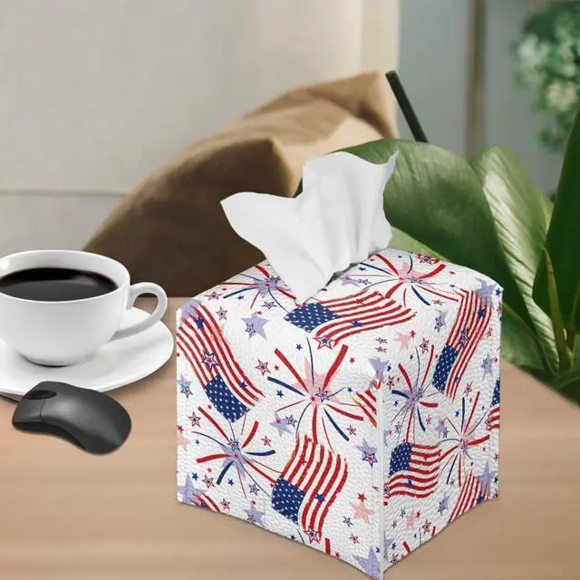 Alt view image 4 of 7 - USA Flag Firework Tissue Box Holder Portable Lightweight Square Tissue Box Cover Holder with Metal Button Waterproof Napkin Case