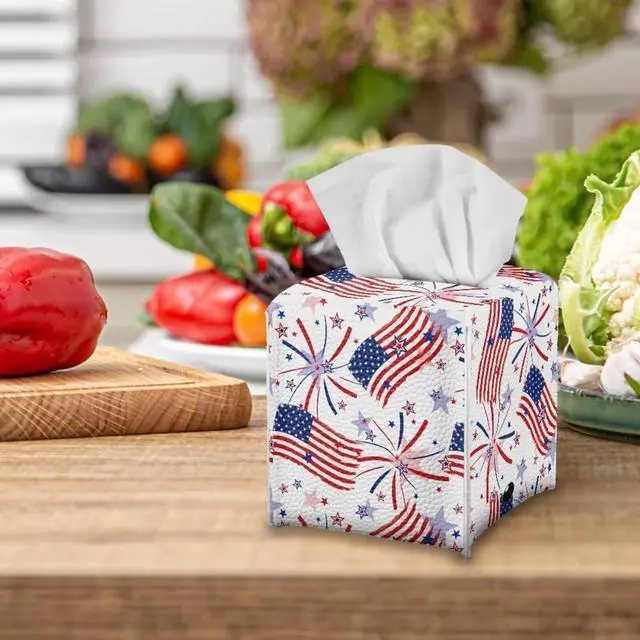 Alt view image 5 of 7 - USA Flag Firework Tissue Box Holder Portable Lightweight Square Tissue Box Cover Holder with Metal Button Waterproof Napkin Case