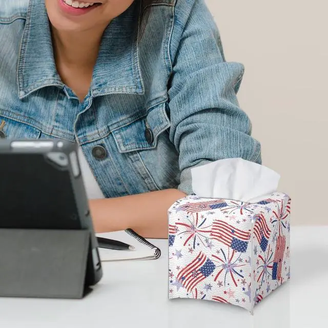 Alt view image 6 of 7 - USA Flag Firework Tissue Box Holder Portable Lightweight Square Tissue Box Cover Holder with Metal Button Waterproof Napkin Case