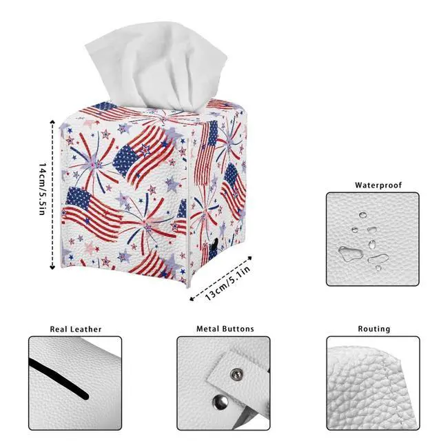 Alt view image 7 of 7 - USA Flag Firework Tissue Box Holder Portable Lightweight Square Tissue Box Cover Holder with Metal Button Waterproof Napkin Case