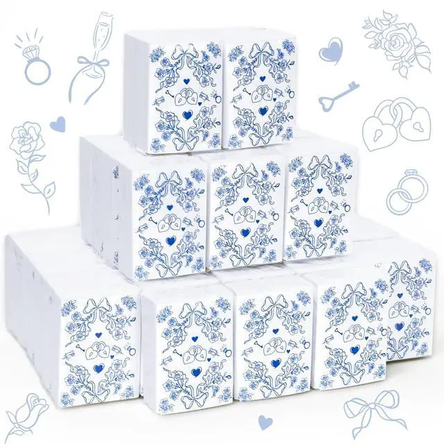 Alt view image 2 of 7 - 50 Pcs Wedding Pocket Tissue Packs Happy Tears Facial Tissues Blue Floral Bow Heart Travel Size Tissue for Bridal Shower Welcome Bags Party Favor