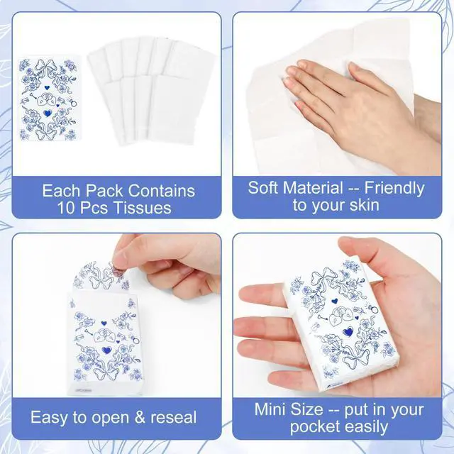 Alt view image 4 of 7 - 50 Pcs Wedding Pocket Tissue Packs Happy Tears Facial Tissues Blue Floral Bow Heart Travel Size Tissue for Bridal Shower Welcome Bags Party Favor
