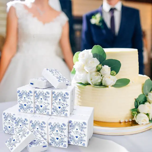 Alt view image 5 of 7 - 50 Pcs Wedding Pocket Tissue Packs Happy Tears Facial Tissues Blue Floral Bow Heart Travel Size Tissue for Bridal Shower Welcome Bags Party Favor