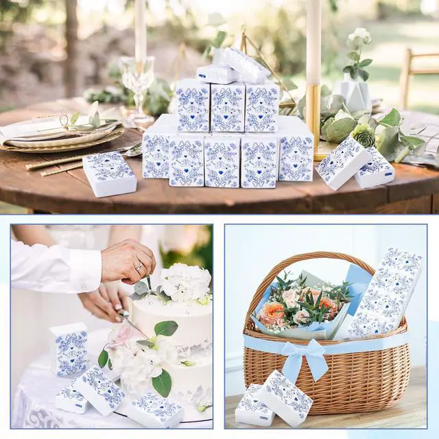 Alt view image 6 of 7 - 50 Pcs Wedding Pocket Tissue Packs Happy Tears Facial Tissues Blue Floral Bow Heart Travel Size Tissue for Bridal Shower Welcome Bags Party Favor