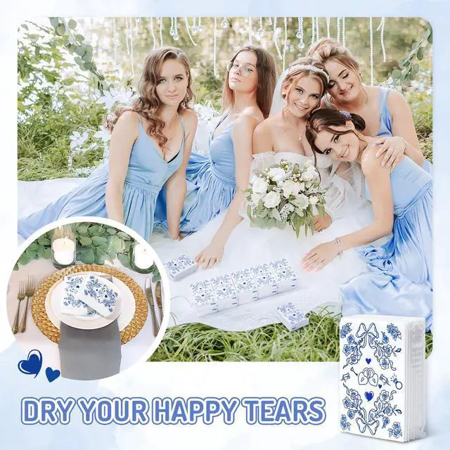 Alt view image 7 of 7 - 50 Pcs Wedding Pocket Tissue Packs Happy Tears Facial Tissues Blue Floral Bow Heart Travel Size Tissue for Bridal Shower Welcome Bags Party Favor