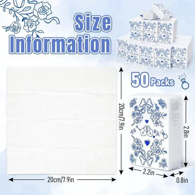 Alt view image 3 of 7 - 50 Pcs Wedding Pocket Tissue Packs Happy Tears Facial Tissues Blue Floral Bow Heart Travel Size Tissue for Bridal Shower Welcome Bags Party Favor