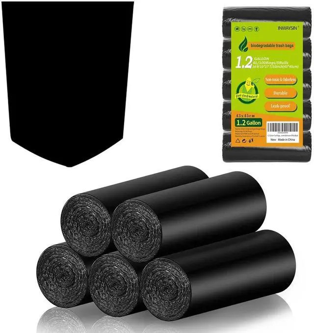 Main image of 1.2-Gallon Trash Bags Small Garbage-Bags - 100 Counts Disposable Mini Size Biodegradable Unscented Black Bulk Can Liners Tiny Recycling for Kitchen Bathroom Office
