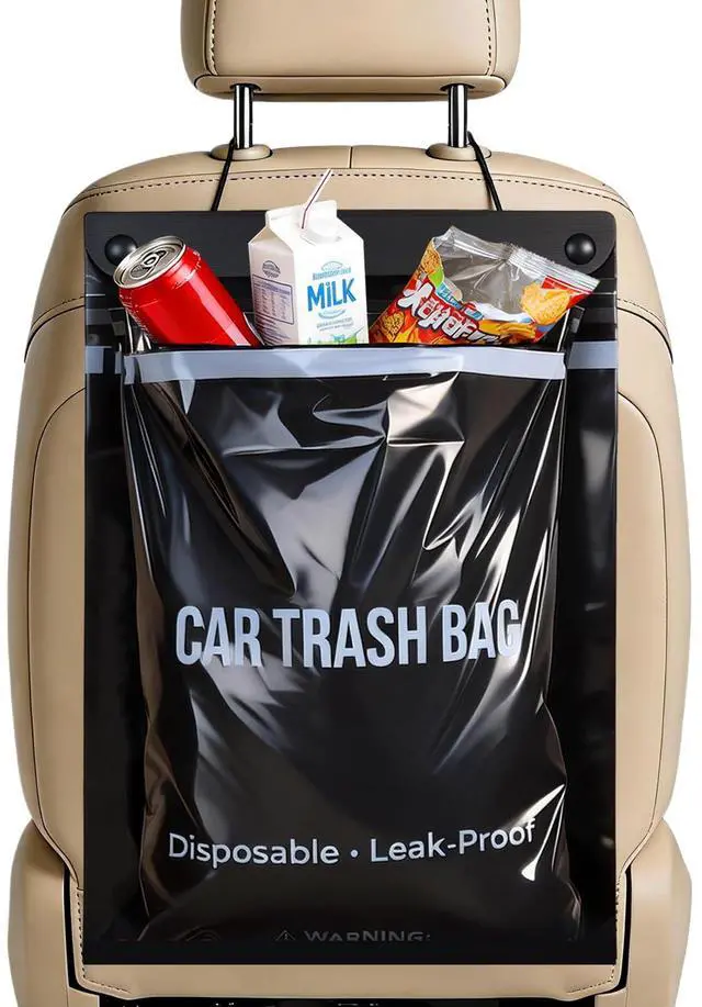Main image of 50 Count Recycled Disposable Car Trash Bags - 2.5 Gallon Heavy Duty Alternative to Bulky Car Trash Can & Car Garbage Can, Leakproof Smellproof Hanging & Stick-On Garbage Bag for Car, SUV, Truck