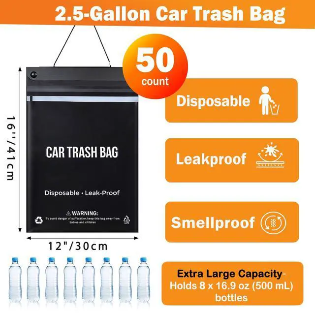 Alt view image 2 of 7 - 50 Count Recycled Disposable Car Trash Bags - 2.5 Gallon Heavy Duty Alternative to Bulky Car Trash Can & Car Garbage Can, Leakproof Smellproof Hanging & Stick-On Garbage Bag for Car, SUV, Truck