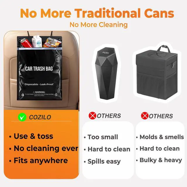 Alt view image 3 of 7 - 50 Count Recycled Disposable Car Trash Bags - 2.5 Gallon Heavy Duty Alternative to Bulky Car Trash Can & Car Garbage Can, Leakproof Smellproof Hanging & Stick-On Garbage Bag for Car, SUV, Truck