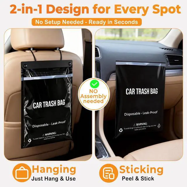 Alt view image 4 of 7 - 50 Count Recycled Disposable Car Trash Bags - 2.5 Gallon Heavy Duty Alternative to Bulky Car Trash Can & Car Garbage Can, Leakproof Smellproof Hanging & Stick-On Garbage Bag for Car, SUV, Truck