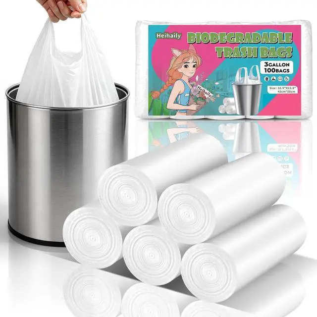 Main image of 3 Gallon Small Trash Bags Bathroom Biodegradable With Handles | 3 gal white Mini Garbage Bags,100 Count,12 Liter,Kitchen Car Office Waste Basket Can Liners,Unscented,Strong,Thick,Leakproof