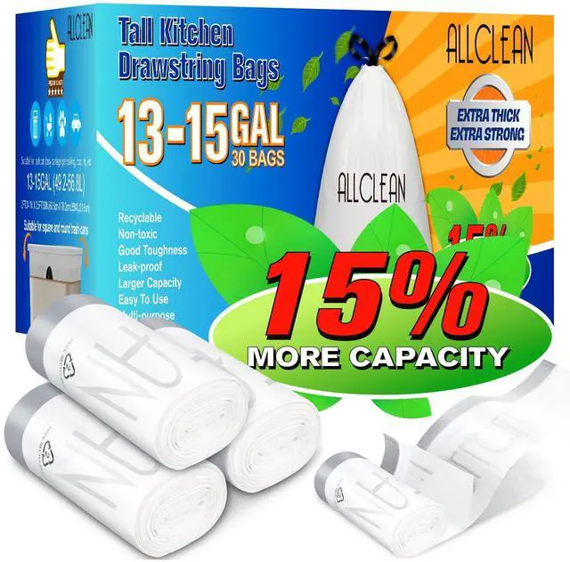 Alt view image 4 of 7 - 13 To 15 Gallon Trash Bags, Tall Kitchen Garbage Bags Drawstring, Ultra Strong Recyclable Trash Bags Unscented Trash Can Liners For Kitchen and Commercial 30 Count (Pake of 1)