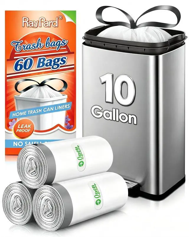 Main image of Medium 10 Gallon White Drawstring Trash Bags, 1.4Mil, 60 Count | Garbage Bags Fit 35-40l Kitchen Trash Cans, leak Proof & Tear Free Sturdy Drawstring For Home, Office, Outdoor Waste