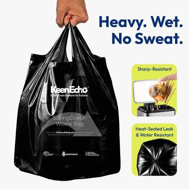 Alt view image 3 of 7 - Small Trash Bags with Handles - Ocean Plastic Upcycling - Plastic Garbage Bags, Can Bin & Waste Basket Liner for Kitchen, Bathroom, Office and Pets,4 Gallon 50 Count Black
