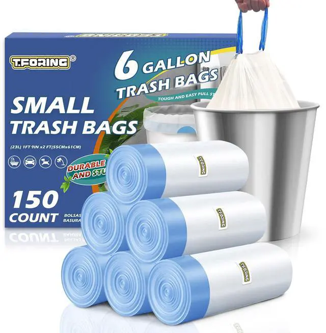 Main image of Medium 6 Gallon Trash Bags Drawstring,1.1 Mil,Unscented,150 Count | Leakproof,Strong Plastic Garbage Can Liners,White,Fit 18 - 23 Liter Waste Bins,for Bathroom Office Kitchen Everyday Use