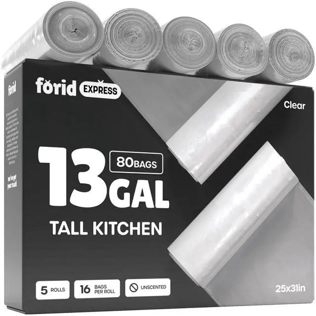 Main image of 13 Gallon Trash Bags - Clear Plastic Garbage Bag Unscented Tall Medium Can Liners for Kitchen Office Home Waste Basket 5 Roll 55 Liters 80 Counts