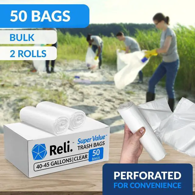 Alt view image 3 of 7 - 40 to 45 Gallon Trash Bags Heavy Duty | 50 Trash Bags, Twist Ties | Clear, Serious Garbage Cleanup | Large Garbage Bags with Twist Ties, Made in USA | SuperValue