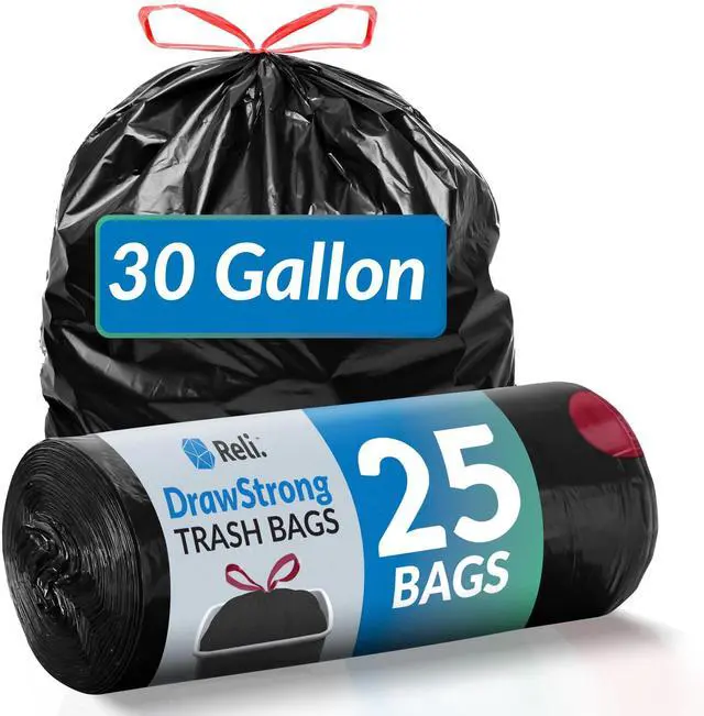 Main image of 30 Gallon Trash Bags Drawstring (25 Count) | Black Garbage Bags | Heavy Duty | Large for Home & Outdoor Use, 30 Gallon | Red Drawstrings | Leak Proof