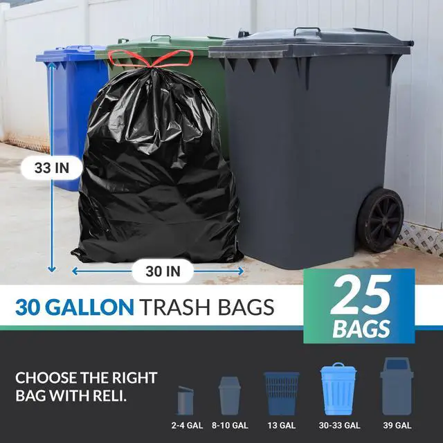 Alt view image 2 of 6 - 30 Gallon Trash Bags Drawstring (25 Count) | Black Garbage Bags | Heavy Duty | Large for Home & Outdoor Use, 30 Gallon | Red Drawstrings | Leak Proof