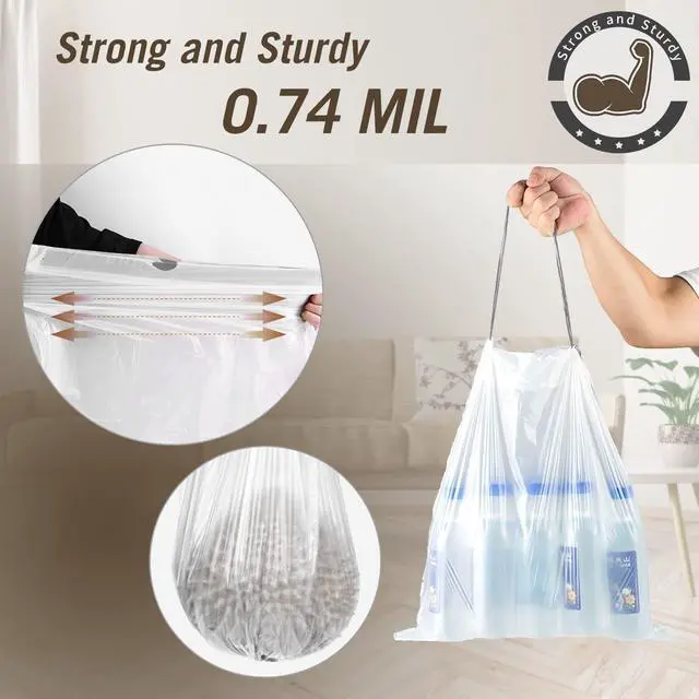 Alt view image 5 of 7 - 8 Gallon Trash Bags Drawstring | Strong Medium Kitchen Garbage Bag White Trash Can Liners, 22" x 23" , (34 Count)