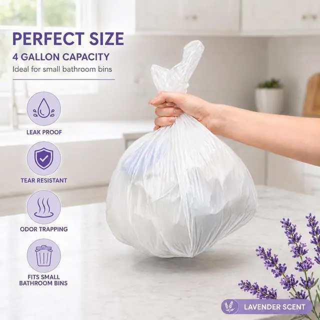 Alt view image 2 of 7 - 4 gallon Small Trash Bags Lavender Scented (200 Count) White Bathroom Garbage Bags 15 Liter Diaper Bags Mini Wastebasket Can Liners for Home Office Bins (200 Bags)