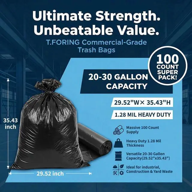 Alt view image 3 of 7 - 20-30 Gallon Trash Bags Bulk,30'' x 35'',1.28 Mil,Black,100 Ct | Large 20+ Gal Garbage Bag Unscented,Heavy Duty Can Liners,Fit 75 - 112 Liter Bins,for Kitchen Home Office Commercial Outdoor