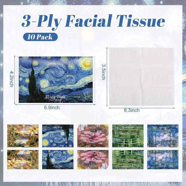 Alt view image 2 of 6 - 10 Pack Pocket Tissues Travel Size, 3 Ply Mini Facial Tissue Packs Bulk with Impressionist Art Design Portable Individual for Purse, Car, Office, School, Travel Supplies