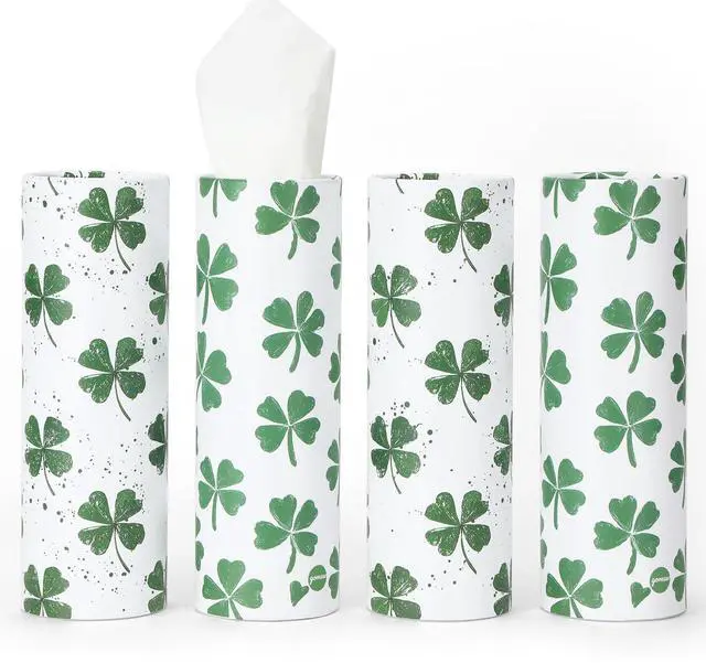 Main image of Car Tissue Holder (4 PK) - 50 3-Ply Tissues Cylinder, Fits Car Cup Holders, Portable Travel Tubes Box Container, Clover Design, Round Tissue Container for Car Accessories
