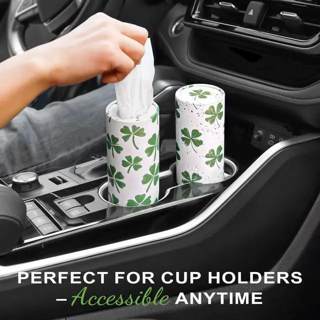 Alt view image 2 of 6 - Car Tissue Holder (4 PK) - 50 3-Ply Tissues Cylinder, Fits Car Cup Holders, Portable Travel Tubes Box Container, Clover Design, Round Tissue Container for Car Accessories