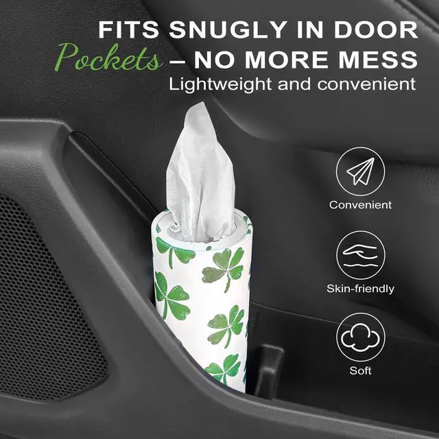 Alt view image 3 of 6 - Car Tissue Holder (4 PK) - 50 3-Ply Tissues Cylinder, Fits Car Cup Holders, Portable Travel Tubes Box Container, Clover Design, Round Tissue Container for Car Accessories