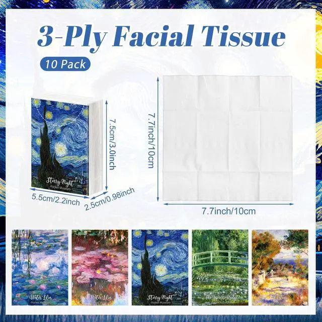 Alt view image 2 of 6 - 10 Pack Decorative Pocket Tissues Travel Size, 3-ply Facial Tissues Mini Tissue Packs, Pocket Tissue with Impressionist Art Designs for Travel, Wedding, Baby Shower Party Favor, 80 Sheets Total