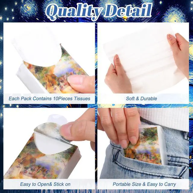 Alt view image 3 of 6 - 10 Pack Decorative Pocket Tissues Travel Size, 3-ply Facial Tissues Mini Tissue Packs, Pocket Tissue with Impressionist Art Designs for Travel, Wedding, Baby Shower Party Favor, 80 Sheets Total