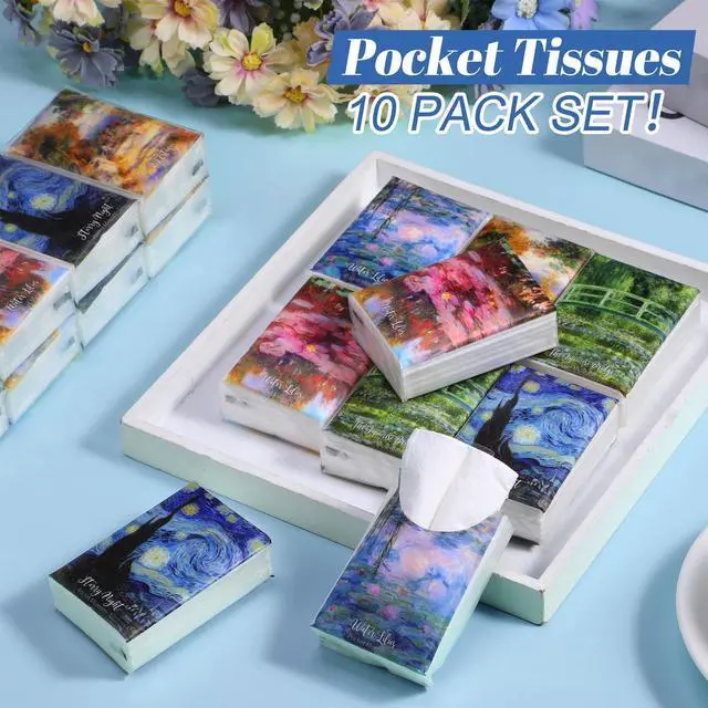Alt view image 5 of 6 - 10 Pack Decorative Pocket Tissues Travel Size, 3-ply Facial Tissues Mini Tissue Packs, Pocket Tissue with Impressionist Art Designs for Travel, Wedding, Baby Shower Party Favor, 80 Sheets Total