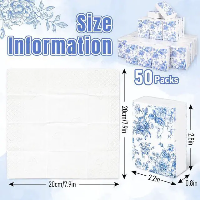 Alt view image 2 of 7 - 50 Bulk Blue Floral Tissue Packs Summer Vintage Flower Mini Travel Size Facial Tissues Chinoiserie Flower Portable Pocket Tissue for Wedding Party Supplies