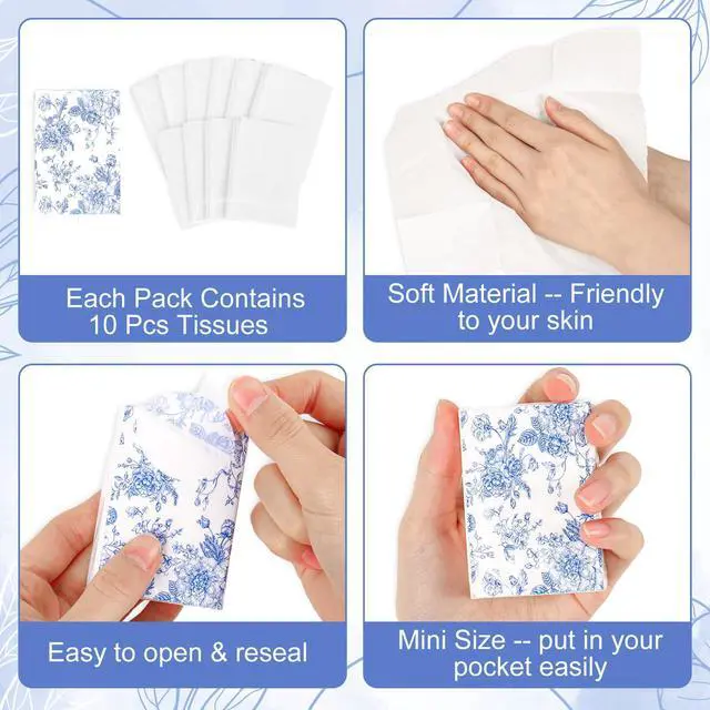 Alt view image 3 of 7 - 50 Bulk Blue Floral Tissue Packs Summer Vintage Flower Mini Travel Size Facial Tissues Chinoiserie Flower Portable Pocket Tissue for Wedding Party Supplies
