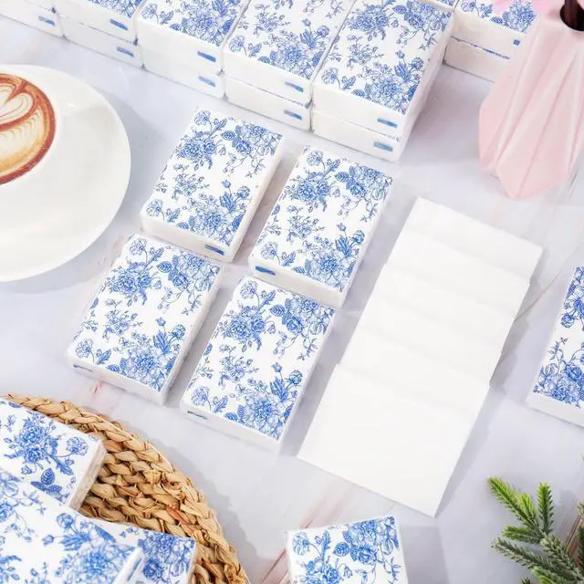 Alt view image 4 of 7 - 50 Bulk Blue Floral Tissue Packs Summer Vintage Flower Mini Travel Size Facial Tissues Chinoiserie Flower Portable Pocket Tissue for Wedding Party Supplies