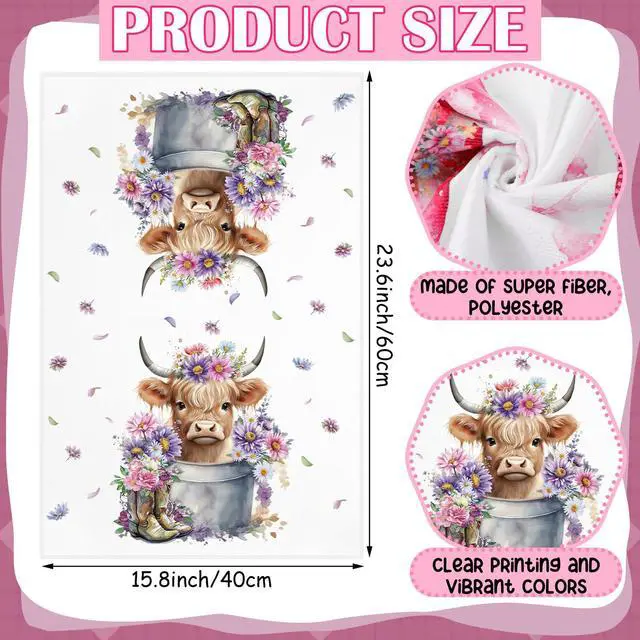 Alt view image 3 of 6 - 6 Pcs Highland Cow Kitchen Towels 24" x 16" Farmhouse Hand Towels | Highland Cow Decor Kitchen Towels, Absorbent Sunflower Floral Dish Coths, Holiday Bathroom Supply