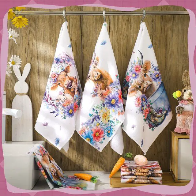 Alt view image 6 of 6 - 6 Pcs Highland Cow Kitchen Towels 24" x 16" Farmhouse Hand Towels | Highland Cow Decor Kitchen Towels, Absorbent Sunflower Floral Dish Coths, Holiday Bathroom Supply