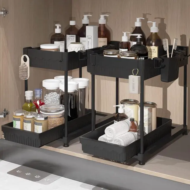 Main image of 2-Pack 2-Tier Under Sink Organizers with Sliding Drawers | Multi-use kitchen & bathroom storage, 12.85 inch black cabinet organizer, space-saving sliding drawer design.
