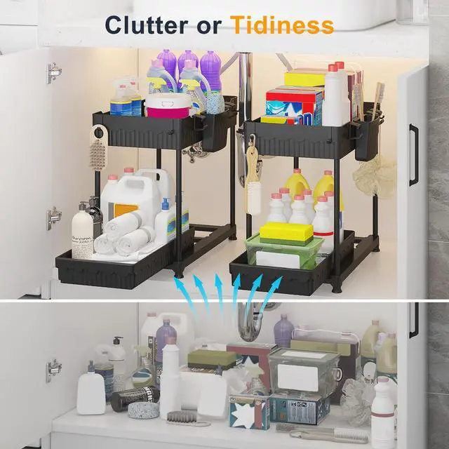 Alt view image 2 of 7 - 2-Pack 2-Tier Under Sink Organizers with Sliding Drawers | Multi-use kitchen & bathroom storage, 12.85 inch black cabinet organizer, space-saving sliding drawer design.