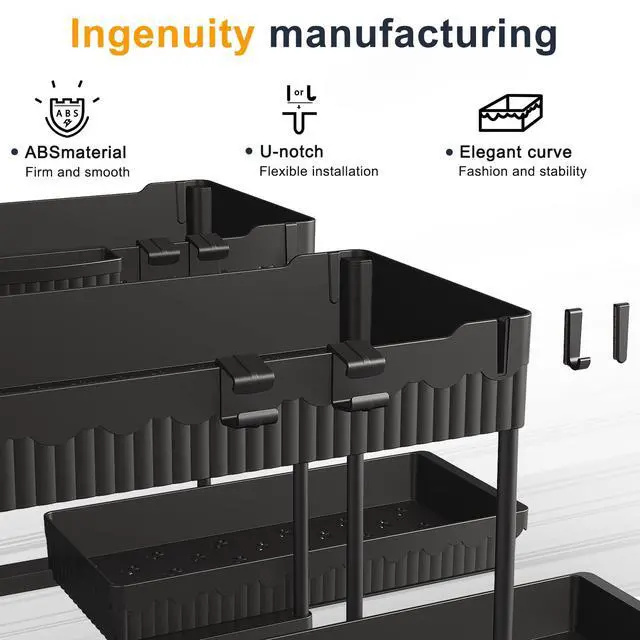 Alt view image 5 of 7 - 2-Pack 2-Tier Under Sink Organizers with Sliding Drawers | Multi-use kitchen & bathroom storage, 12.85 inch black cabinet organizer, space-saving sliding drawer design.